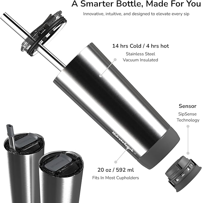 Hidrate Spark PRO Smart Tumbler Bundle – Insulated Stainless Steel – Tracks Water Intake with Bluetooth, LED Glow Reminder When You Need to Drink – 20oz (Black)
