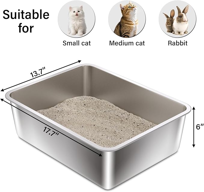Stainless Steel Litter Box- 17.7" L x 13.77" W x 6" H Metal Cat Litter Box, Medium Cat Litterbox for Kitty or Rabbits,Non Stick, No Smell, Easy to Clean - AquaVibe