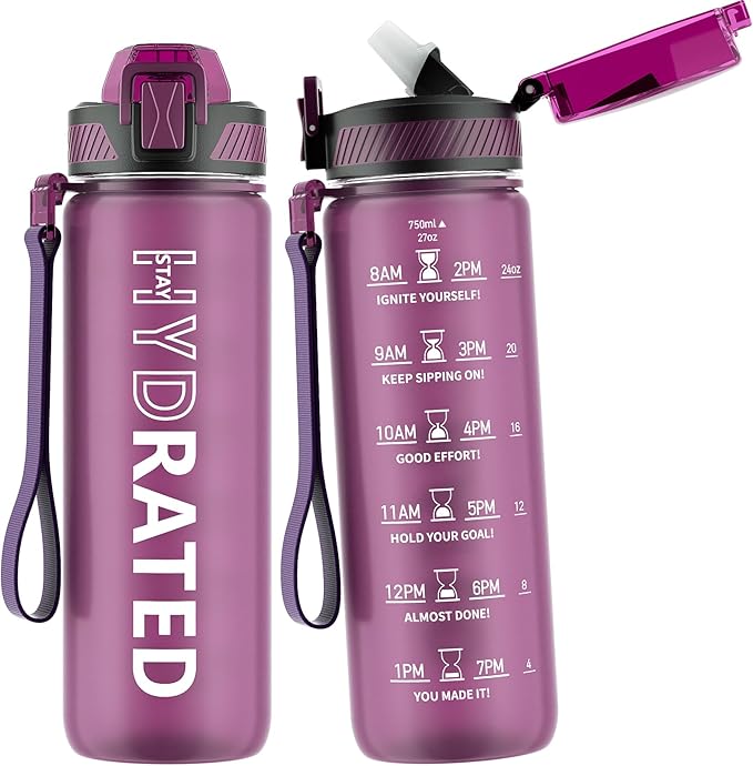 Water Bottle with Straw, 27oz Motivational Water Bottles with Time Marker to Drink, Tritan BPA Free, 750ml Sports Water Bottle with Carry Strap LeakProof for School Fitness Outdoor (1Pack)