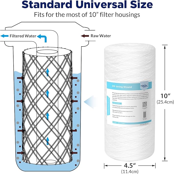 Membrane Solutions 10 Micron 10"x4.5" String Wound Whole House Water Filter Replacement Cartridge Universal Sediment Filters for Well Water - 4 Pack