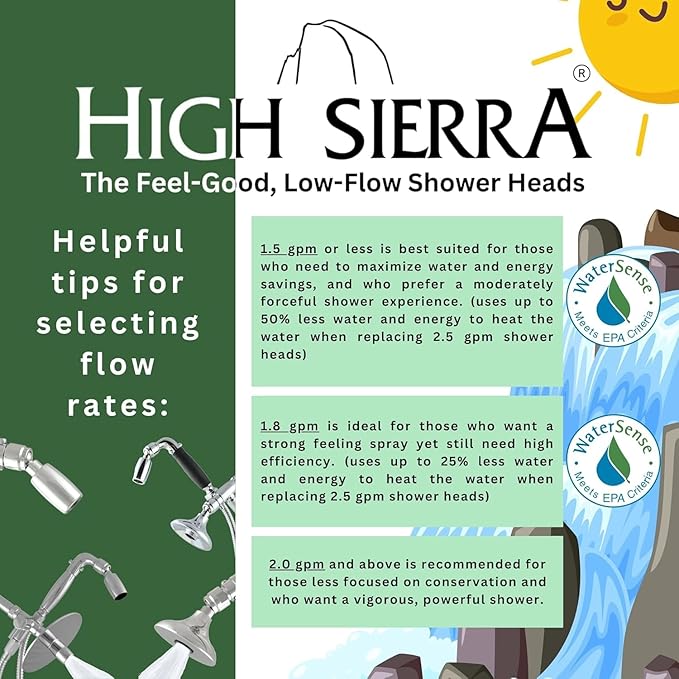 High Sierra® Lead-Free Metal 3-way Combo Shower Kit. Built in Diverter Valve Effortlessly Diverts Flow from the Fixed Shower Head to the Handheld and back - Ultra Low Flow 1.25 GPM - Polished Brass