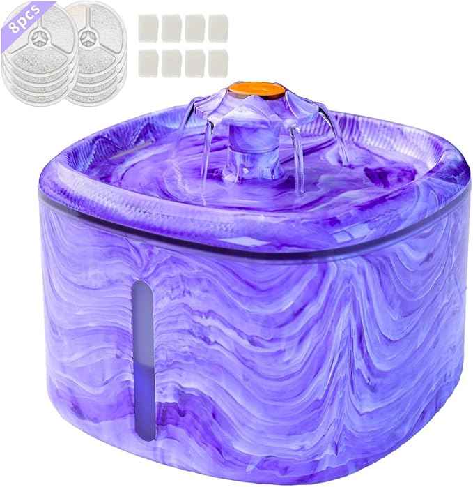 Cat Water Fountain Purple: Automatic Flower Pet Water Fountain for Cats Indoor-84oz/2.5L, Cute Cat Fountain for Drinking, LED Blue Light, Upgraded Ultra Quiet Pump, Gifts for Cats, Dogs (8Filters)