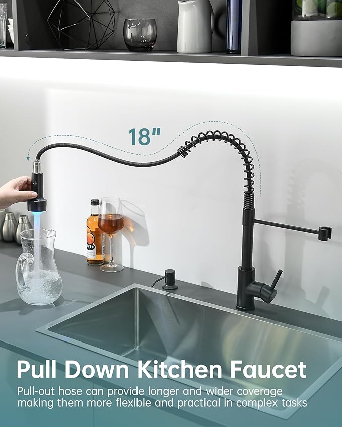 GIMILI Matte Black LED Kitchen Faucet with Soap Dispenser, Modern Single Handle Spring Kitchen Sink Faucets with Pull Down Sprayer