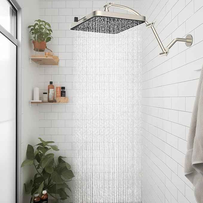 Hibbent Rain Shower Head, 13'' High Pressure Rainfall 5 Spray Mode Showerhead with 16" Shower Head Extension Arm, Brass Adjustable Shower Arm Extender, Waterfall fixed Showerheads, Brushed Nickel