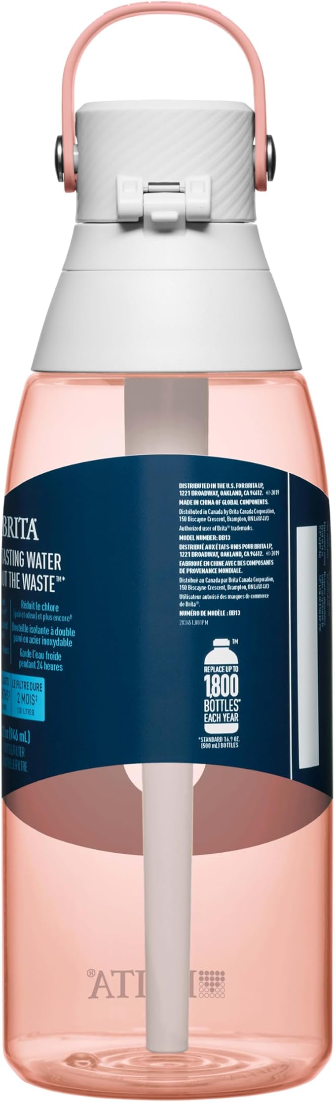 Brita Hard-Sided Plastic Premium Filtering Water Bottle, BPA-Free, Reusable, Replaces 300 Plastic Water Bottles, Filter Lasts 2 Months or 40 Gallons, Includes 1 Filter, Blush - 36 oz.