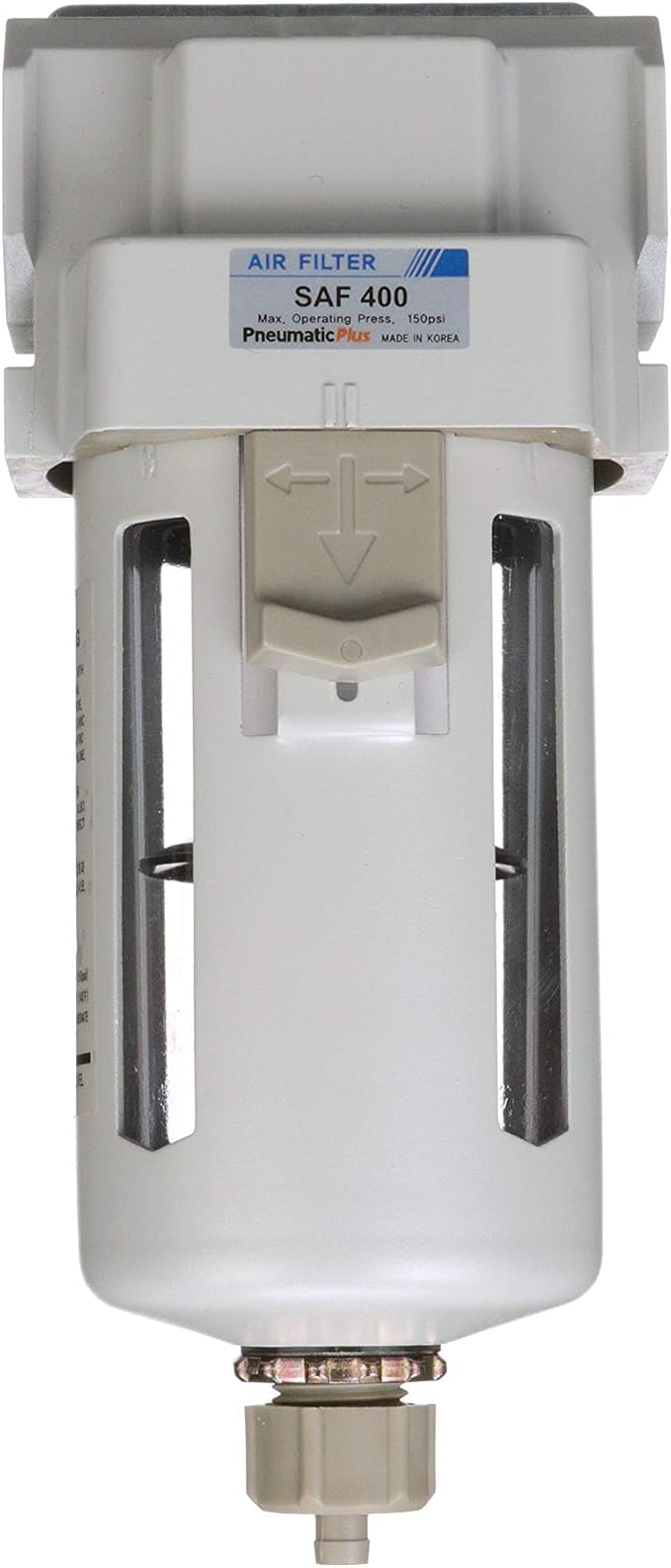 PneumaticPlus SAF400-N04B Compressed Air Particulate Filter 1/2" NPT, 10 Micron Element, Poly Bowl, Manual Drain, Bracket - AquaVibe