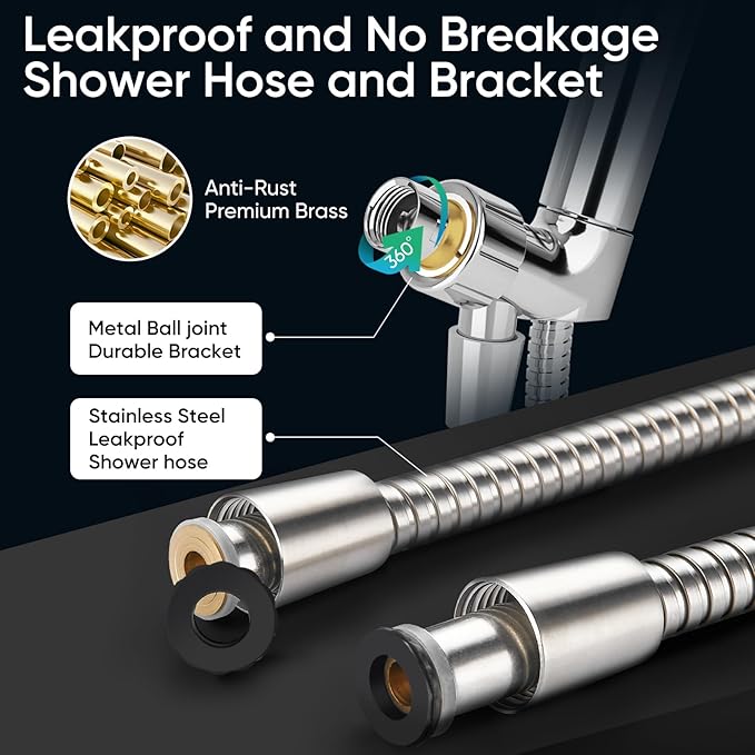 Cobbe High Pressure Shower Head with Built-in Pause Button, 9-Function Detachable Showerhead with Handheld Brass Swivel Bracket & Stainless Steel Hose, Water Saving 1-Click Stop, Brushed Nickel