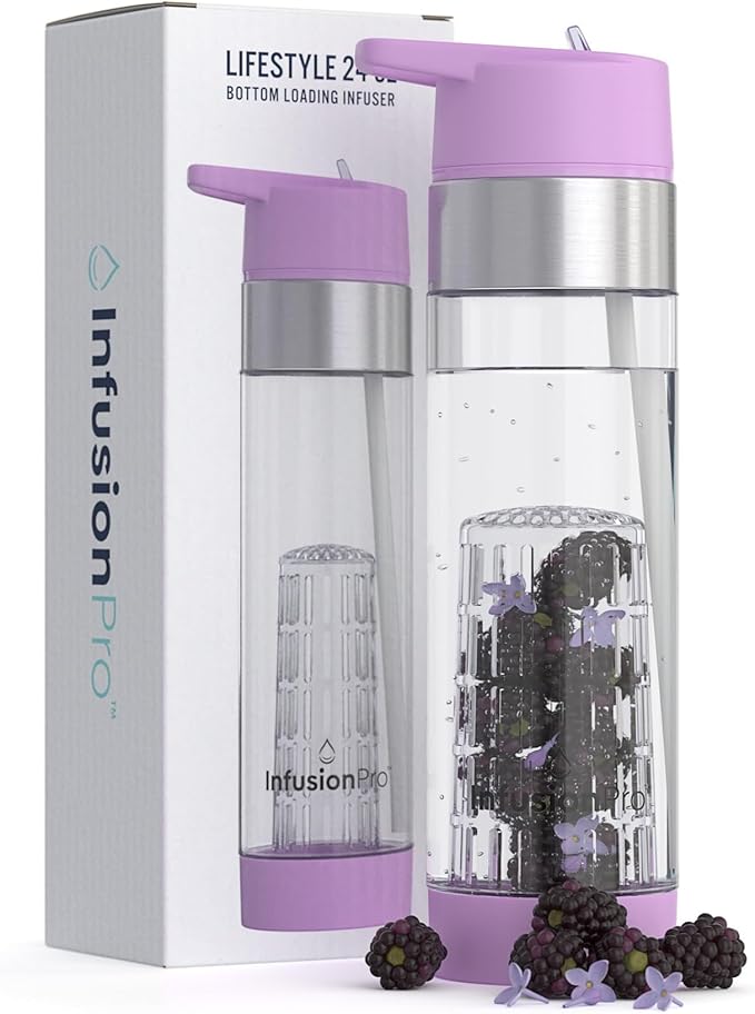 Infusion Pro Fruit Infuser Water Bottle with Straw Lid 24 oz : Flip-Up Straw : Insulated Sleeve & Fruit Infusion Water eBook : Bottom Loading Infuser for More Flavor - Orchid