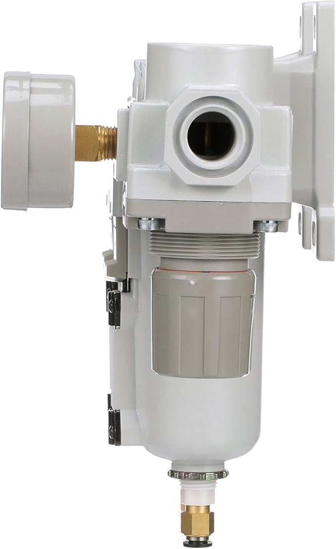 PneumaticPlus SAU430-N06DG-MEP Three Stage Air Drying System Particulate Air Filter, Coalescing Filter, Air Pressure Regulator Combo 3/4" NPT - Metal Bowl, Auto Drain, Bracket, Gauge - AquaVibe