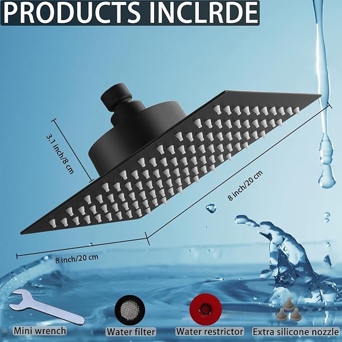 Filtered Shower Head, Stainless Steel High Pressure Shower Head with 15 Stage Hard Water Filter Cartridge for Remove Chlorine and Harmful Substances(Matte Black,8")