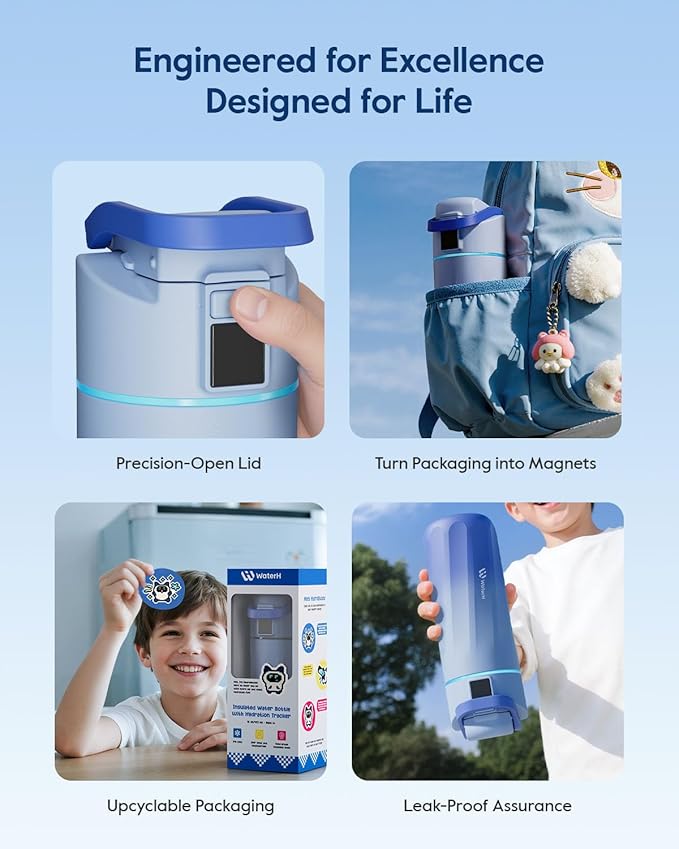 BOOST Smart Water Bottle with Reminder & Tracker, 16oz Kids Water Bottle for School, DIY Refrigerator Magnets, BPA-Free Vacuum Insulated Stainless Steel, Ideal Gift for Christmas, New Year