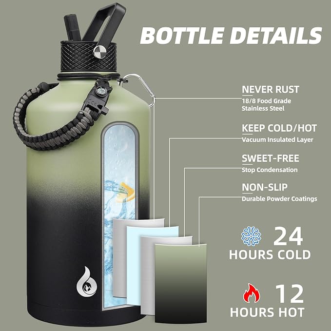 BJPKPK 1 Gallon Water Bottle with Straw Lid, 128oz Large, Stainless Steel Water Bottles with 3 Lids and Paracord Strap, Double Wall Vacuum Metal Water Jug, Camp Green & Black