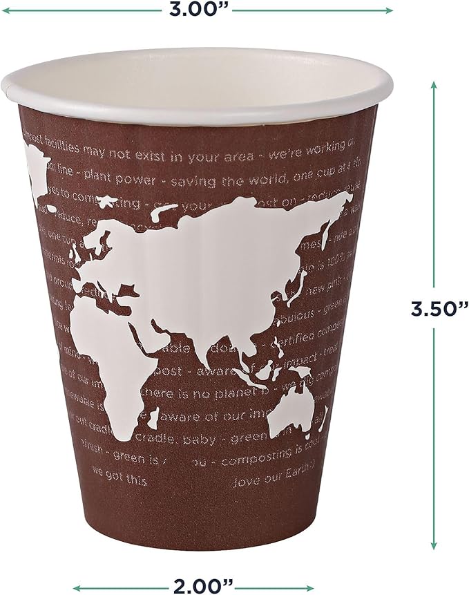 ECO PRODUCTS Compostable Disposable Insulated World Art 8oz Coffee Cups, Case of 800, Renewable Double-wall Hot Paper Cup, Plant Based PLA Lining, No Sleeves Needed, Color Coded