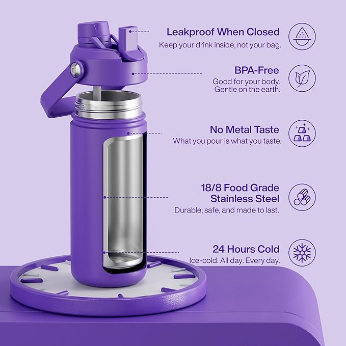 ENCOOL Insulated Water Bottle with Straw Stainless Steel Water Bottle, Leak-Proof, BPA-Free, Double Wall Vacuum Keeps Cold for 24 Hours for Sports, Travel, School (18 oz, Violet)