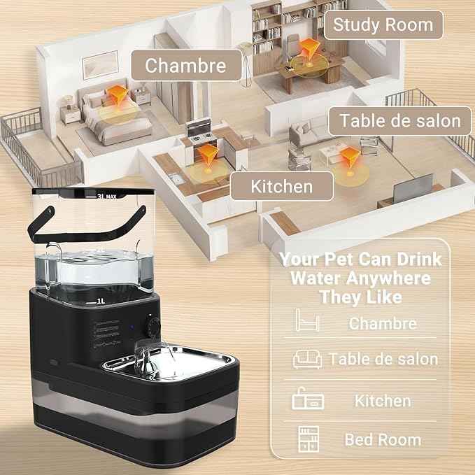 Filterless Cat Water Fountain 3L, Wireless Motion Sensor Cat Water Fountain with 4000mAh Battery, Stainless Steel Cat Bowls, Water Fountain Separate Tanks, Quiet – Black