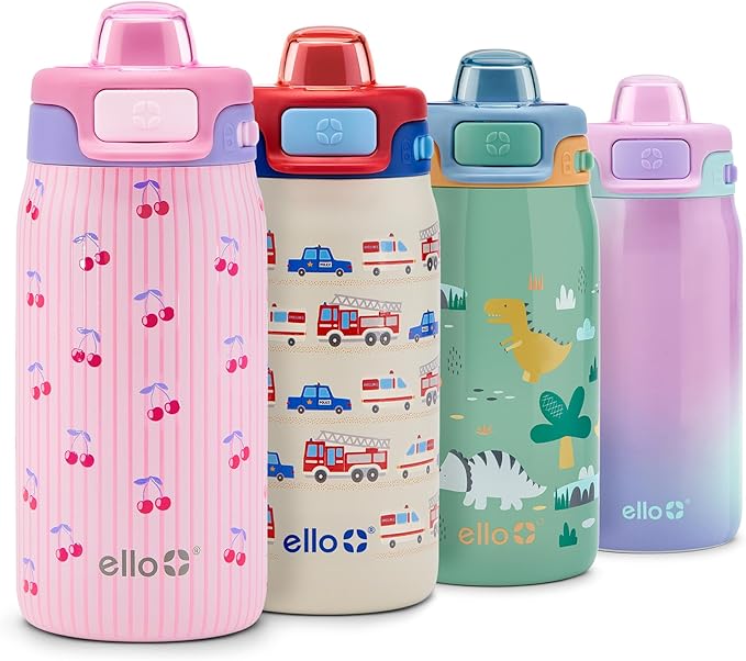 Ello Kids Pop & Fill 12oz Toddler Water Bottle with Quick Fill Lid, Double-Wall Vacuum Insulated Stainless Steel, Leak Proof, BPA Free, Sip & Chug, For School, Lunchboxes, Preppy Cherries