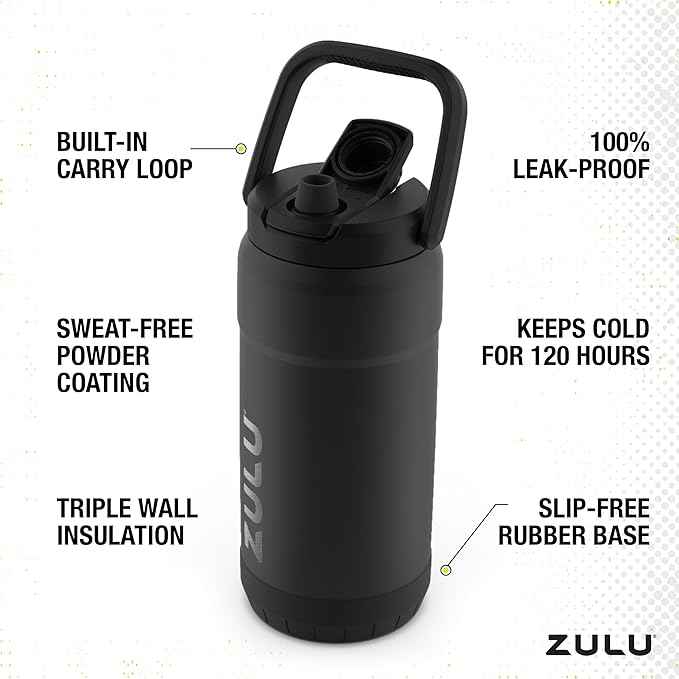ZULU Goals Vacuum Insulated Large Capacity Stainless Steel Water Bottle | Reusable Jug Thermoses with Carry Handle | Leak-Proof Lid | Perfect for Travel, Workout, Gym, Hiking, Camping | 64oz, 101oz