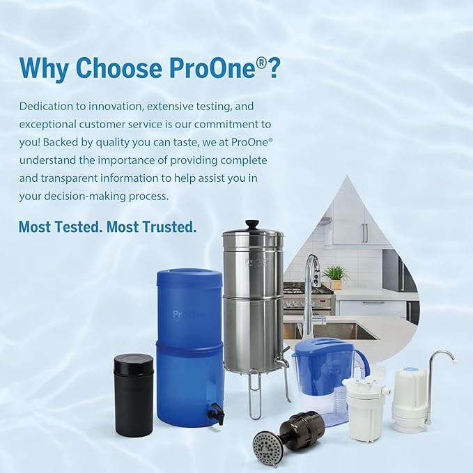 ProOne Big+ Gravity Water Filter System High Capacity Countertop Stainless Steel Water Filter Dispenser IAPMO Certified to Reduce Lead, Total PFAS, Microplastics, Chlorine Taste & Odor, 2 Pack Filter