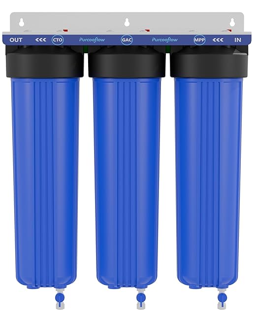 3-Stage Whole House Water Filter System, 20x4.5 Inch, Dual Carbon (GAC & CTO) for Max Chlorine & Odor Reduction, 1