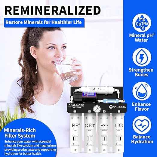 WINGSOL Reverse Osmosis Water Filter, Mineral Alkaline UV Space-Saving Tankless RO System, Remineralize pH+ 12-Layer Filtration Under Sink, NSF/ANSI 42&53&58 Certified,Plug-in Required - AquaVibe