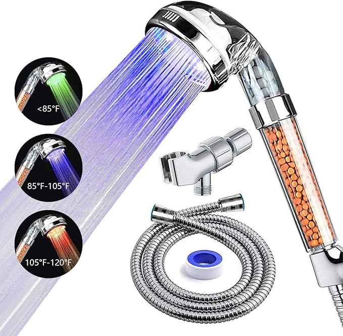 PRUGNA LED Shower Head with Hose and Shower Arm Bracket, High-Pressure Filter Handheld Shower for Repair Dry Skin and Hair Loss - Color Changes with Water Temperature