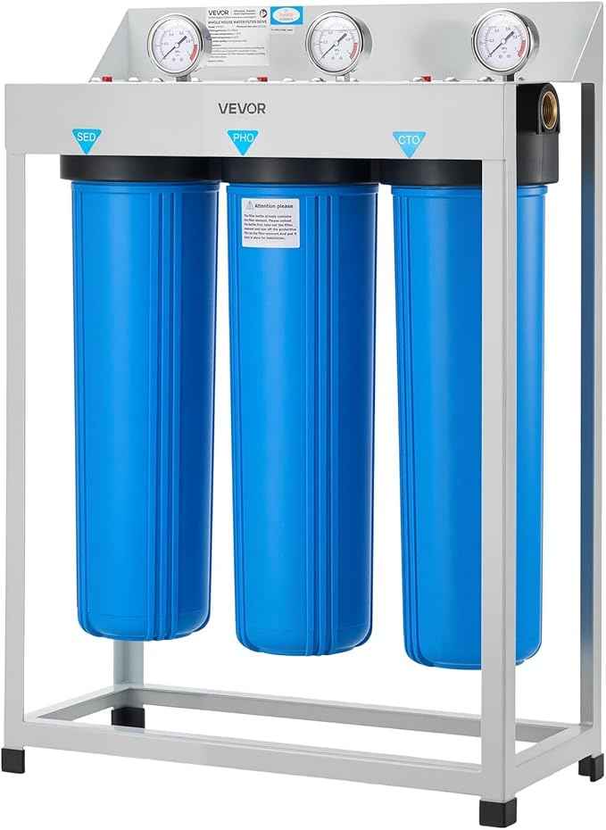 VEVOR Whole House Water Filter System, 3-Stage | Sediment, PHO, CTO | 4.5" x 20" Home Water Purifier Filter Reduce Chlorine, Bad Taste, Odor, Rust, Prevent Scale and Corrosion