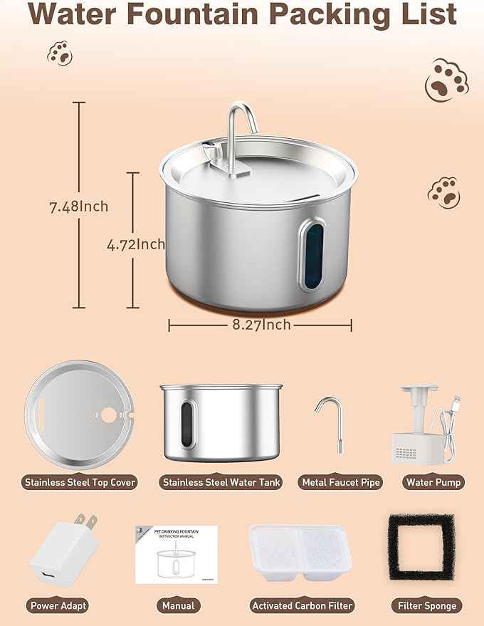 Stainless Steel Cat Water Fountain, 3.2L/108oz Quiet Automatic Cat Water Dispenser, Indoor Pet Spout, Dog Drinking Bowl with 1x Filter & 1x Sponge for Cats/Dogs/Multiple Pets - Silver