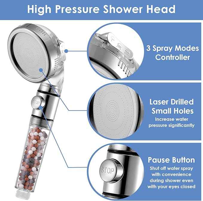 High Pressure Handheld Shower Head with Filter, Shower Head Kits with Hose and Bracket, Hard Water Softener Water Purifying Filtered Showerheads with Filter Beads