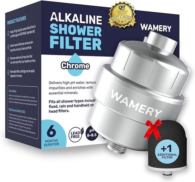 Wamery Shower Head Filter for Hard Water - Alkaline Multi‑Stage Inline Filter, Helps Reduce Chlorine & Odors, Universal 1/2‑Inch Fit, Easy Install, Extra Cartridge Included, Chrome
