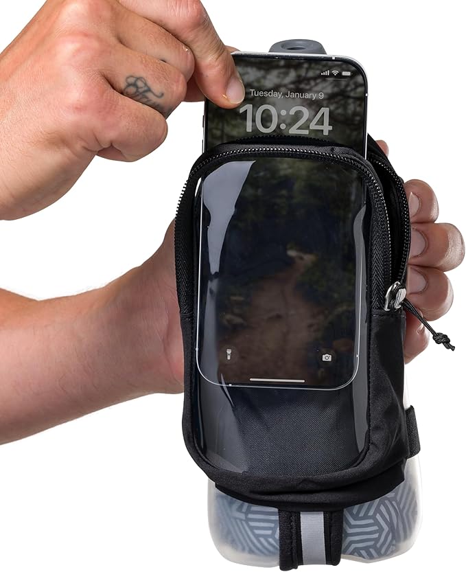 Nathan SpeedDraw 2 Insulated Handheld Running Water Bottle Flask 18oz – Double-Wall Insulation, Ergonomic Grip, Blast Valve Cap, Phone & Key Storage Pockets, Reflective Design