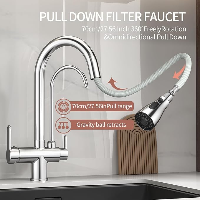 Kitchen Sink Faucet with Pull - Down Sprayer, 2 - Handle 3 - in - 1 Kitchen Sink Filter Faucet, Cold and Hot Mixer Drinking Water Faucet (Chrome-02)
