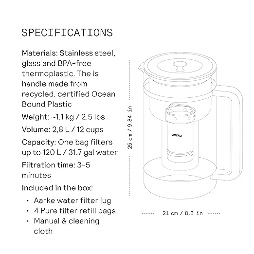 Aarke Purifier Large Glass Pitcher Bundle w/Steel Filter, BPA-Free, 4 Pure Refill Granules - Filters Heavy Metals, 2.8L Pitcher with 1.66L Filtration Capacity