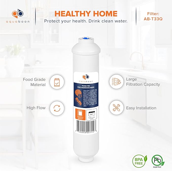 Aquaboon T33 Inline Post Activated Carbon Water Filter for Refrigerator, Ice Maker w/Quick Connect for 1/4 Water Line Compatible with ICF-10, 4-Pack
