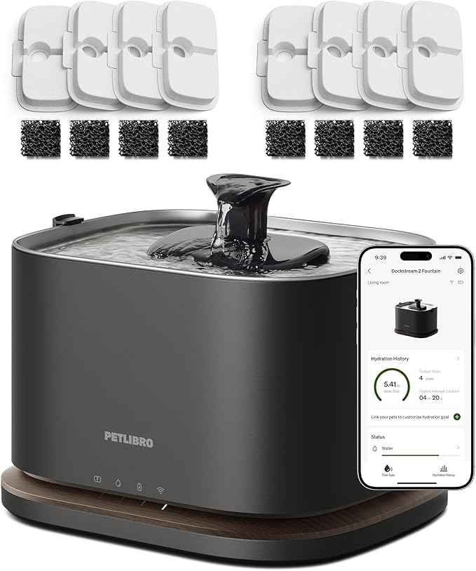 PETLIBRO Upgrade Cordless Cat Water Fountain + 8 Packs Genuine Cat Fountain Filter Replacement, App Monitoring 3L/101oz Dockstream 2 Pet Water Fountain with Stainless Steel Tray, 4-Month Set Easy-Swap