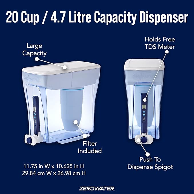 ZeroWater Official 5-Stage Water Filter for Replacement & 20 Cup 5-stage Water Filter Dispenser, NSF Certified To Reduce Lead, Other Heavy Metals And PFOA/PFOS, White And Blue