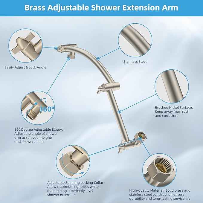 Hibbent All Metal Rain Shower Head, 8'' High Pressure Rainfall Square Showerhead with 16" Shower Extension Arm, Solid Brass Adjustable Shower Arm Extender, Waterfall fixed Showerheads, Brushed Nickel