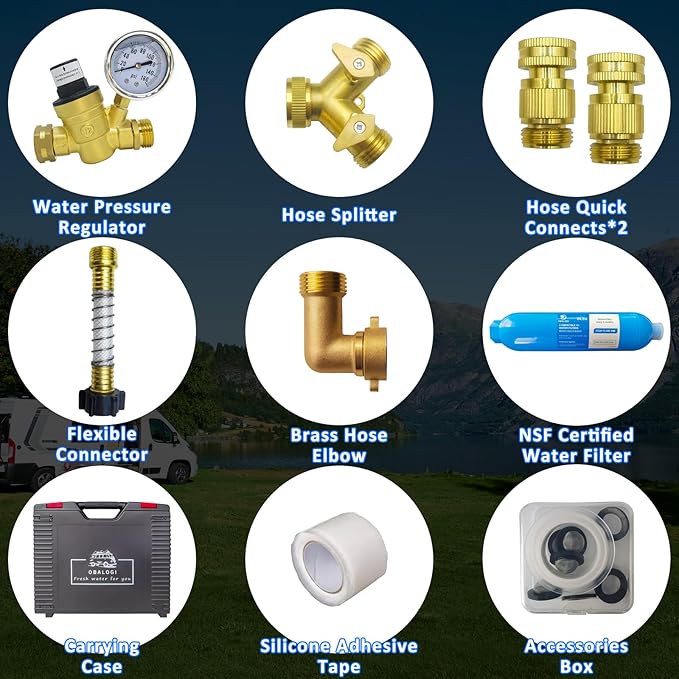 RV Water Pressure Regulator Kit, with Inline Water Filter, Lead-Free Brass Accessories, Leak Repair Kit, and All-in-One Suitcase, Complete Drinking Water Kit for RVs and Campers.