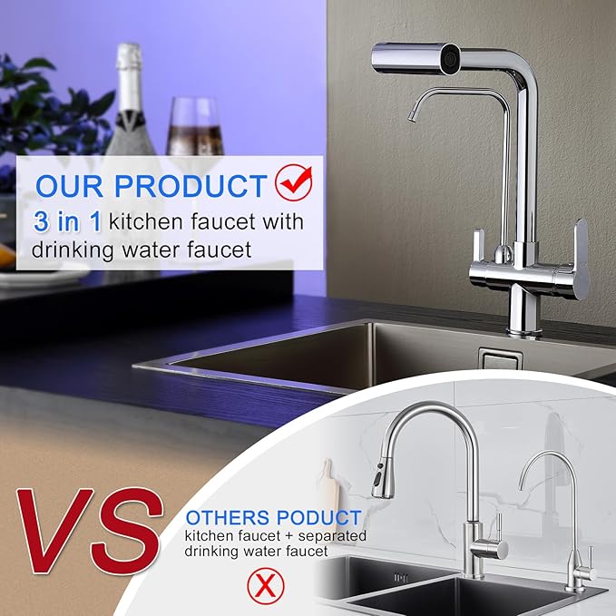 Dual Handles Kitchen Sink Faucet with Drinking Water Faucet, 3 Way Pull Out Kitchen Faucet with 3-Function Sprayer for Water Filtration System, Chrome