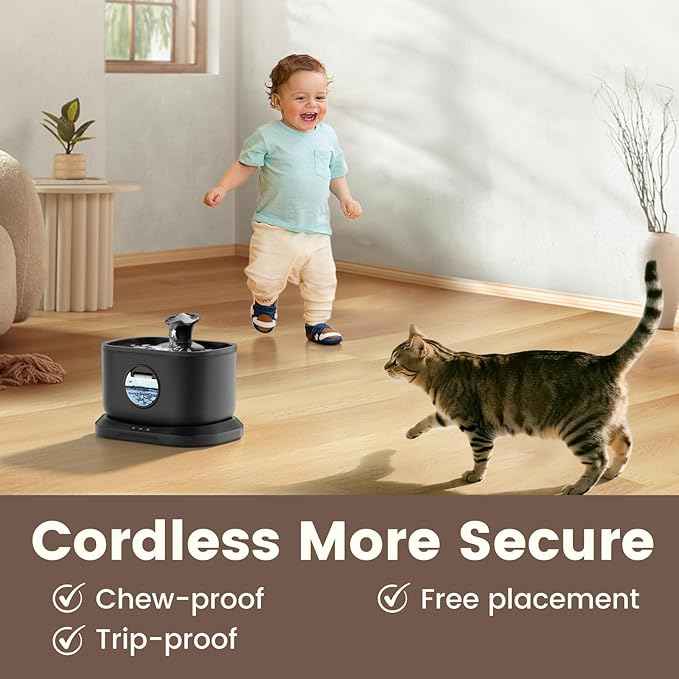 Cat Fountain, 4 Packs Replacement Filters for 2.5L/84oz Cordless Water Fountains for Cats Indoor with Radar Sensing, Auto Shut Off Wireless Pump, 7-Layer Filtration Ultra Quiet Pet Dispenser