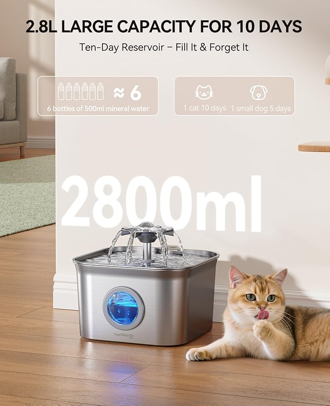 Stainless Steel Cat Water Fountain, 2.8L with 20dB Ultra-Quiet Pump- Ideal for Timid Pets, LED Water Level Window, Dishwasher Safe, 24/7 Circulation- Includes 3 Replacement Filters
