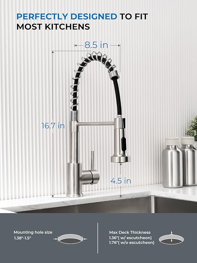 WEWE Kitchen Sink Faucet, Kitchen Faucets with Pull Down Sprayer Stainless Steel Single Handle Single Hole Brushed Nickel Commercial Industrial Spring Pull Out Laundry Farmhouse Kitchen Faucet