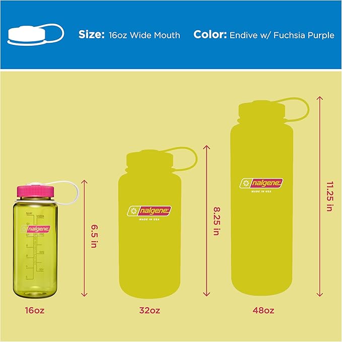 Nalgene 16 oz Wide Mouth Water Bottle | BPA-Free, Durable & Leak Proof, Lightweight, Fits In Cupholders – Thrill & Motion, Endive w/Fuchsia Purple