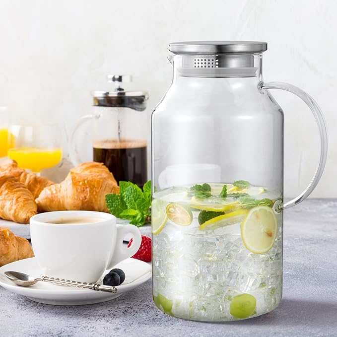 Bivvclaz 1 Gallon Glass Pitcher with Lid and Handle, Glass Water Pitcher for Fridge, Glass Carafe for Hot/Cold Water, Iced Tea Pitcher, Large Jug for Coffee, Juice and Homemade Beverage