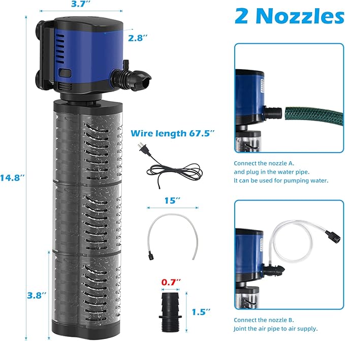 Pond Pump 660GPH Filtration, Sump Submersible Water Pump w/Sponge Filter, 8ft. High Lift, Quiet for Aquarium Hydroponics, Dry Burning Protection - AquaVibe