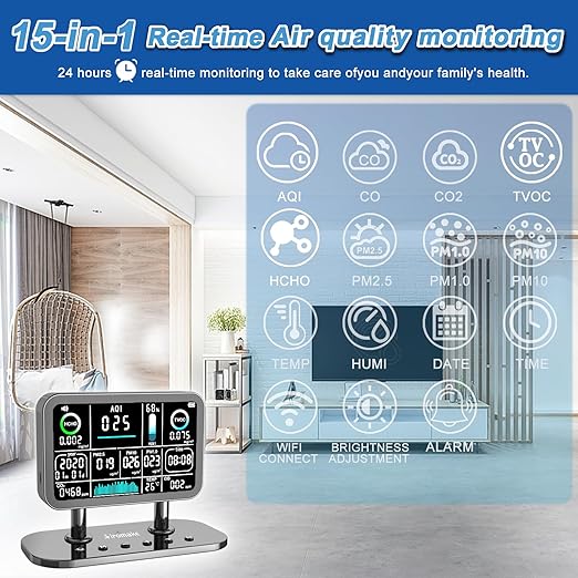 Air Quality Monitor Indoor,16 in 1 Smart Air Quality Monitor 6" Indoor Air Quality Meter VOC, AQI, HCHO, CO, Alarm, PM1.0, Temp, HUMI&CO2 PM2.5 Monitor,Indoor Air Quality Test for Home WiFi-Connect