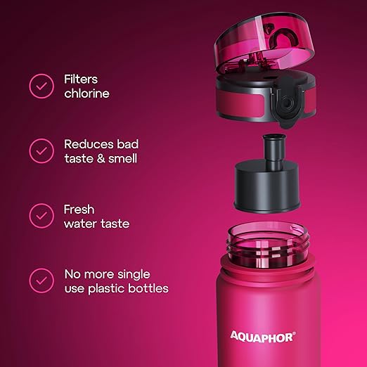 AQUAPHOR City Filtered Water Bottle in Tritan BPA-free - Portable with Integrated Water Purifying Filter 500 ml - Pink