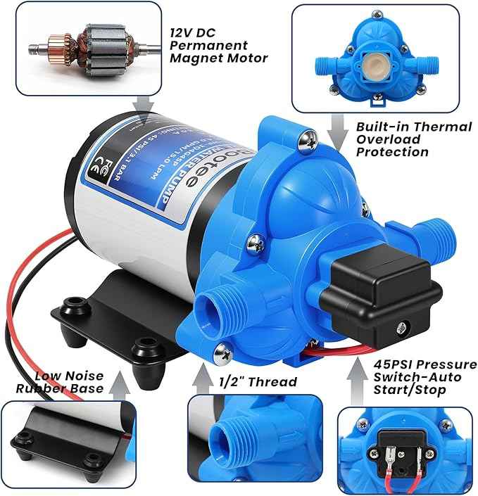 Bootee 12V RV Water Pump, 4.0 GPM 45PSI Automatic Pressure Switch, Self-Priming Fresh Water Pump for RV Marine Camping, 12 Volt DC Water Transfer Pump with Thermal Protection