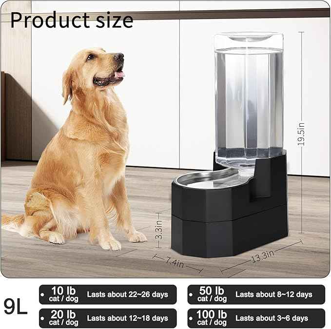 Sfozstra Elevated Dog Water Dispenser: 9L Gravity Auto Refill -Senior & Joint-Friendly Comfort Height - Leak-Proof - Stainless Steel Bowl -for Large Dogs -Multi-Pet Homes -Kitchen/Living Room/Garage