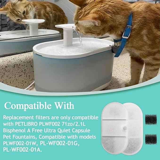 Cat Water Fountain Replacement Filters Compatible with PETLIBRO PLWF002-71oz/2.1L Capsule Pet Fountain, Dog Dispenser Replacement Filter Set with Sponges