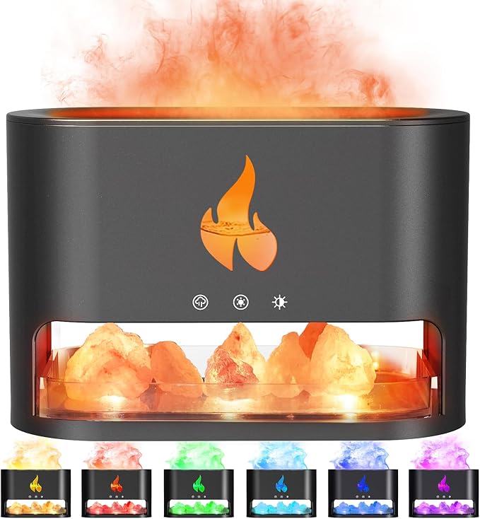 Fireplace Flame Diffuser, Aromatherapy Essential Oil 250ml Himalayan Salt Lamp Cool Mist Ultrasonic Humidifier for Bedroom,Office,Home, Auto Shut-Off, Night Light (Black), (M23)